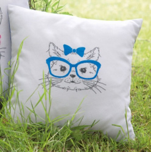 Cat with Blue Glasses  Embroidery Cushion Kit By Vervaco