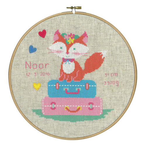 Lief! Fox on Travel Birth Record Counted Cross Stitch Kit By Vervaco