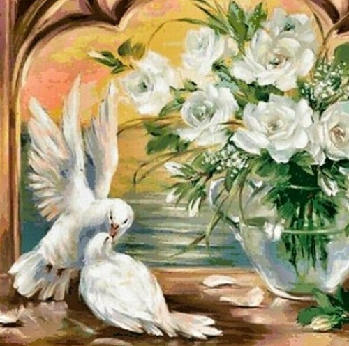 DIAMOND PAINTING KIT PIGEONS & WHITE ROSES