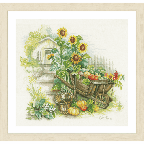 Counted Cross Stitch Kit: Wheelbarrow & Sunflowers By Lanarte