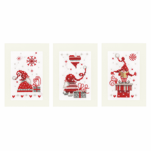 Counted Cross Stitch Kit: Greeting Cards: Christmas Gnomes: Set of 3 By Vervaco