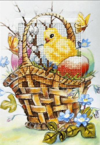 Easter Chicken in a Basket Greetings Card Cross Stitch Kit by Orchidea