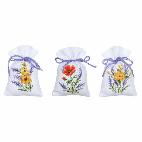 Flowers & Lavender (Set of 3) Pot-Pourri Bag Counted Cross Stitch Kit By Vervaco