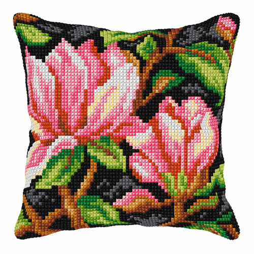 Pink Flowers on Black Background Large Cushion Cross Stitch Kit by Orchidea