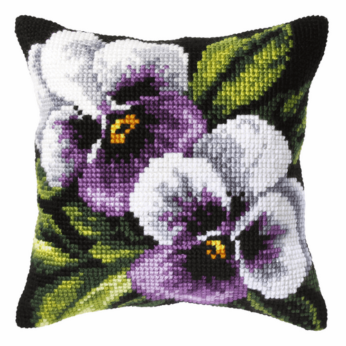 Pansies on Black Background Large Cushion Cross Stitch Kit by Orchidea
