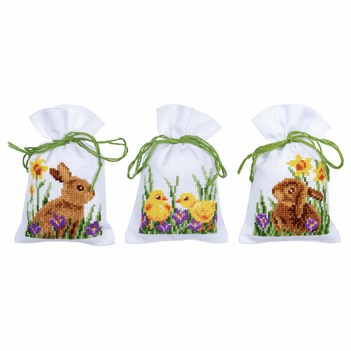 Rabbits with Chicks Set of 3 Pot-Pourri Bag Counted Cross Stitch Kit By Vervaco