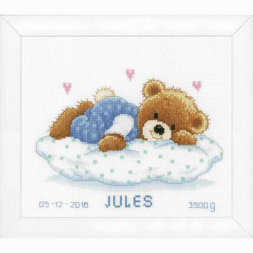 Snoozing Teddy Bear Birth Record Counted Cross Stitch Kit By Vervaco