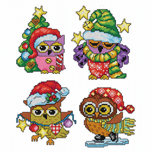 Owl Tree Decorations counted Cross stitch Set of 4 by Orchidea