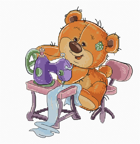 Sewing Machine Teddy Bear Counted Cross Stitch Kit by Luca S