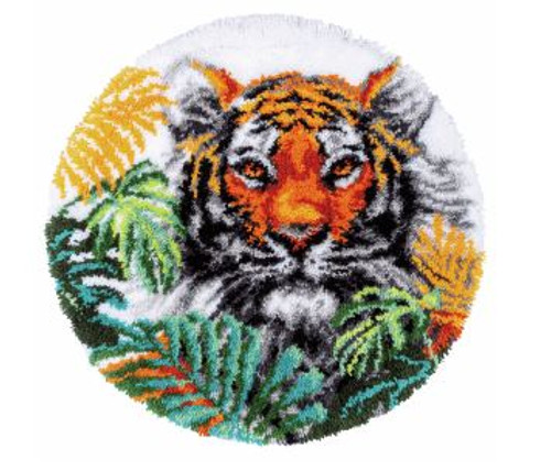 Tiger With Jungle Leaves Shaped Rug Latch Hook Kit by Vervaco