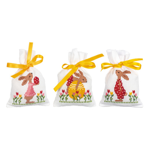 Easter Rabbits in Tulip Garden Draw String Gift Bags Set of 3 Counted Cross Stitch Kit by Vervaco