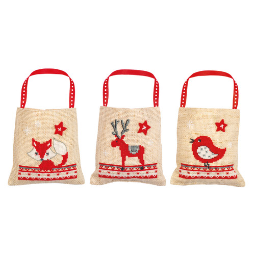 Set of 3 Christmas Animals Draw String Gift Bags Counted Cross Stitch Kit by Vervaco