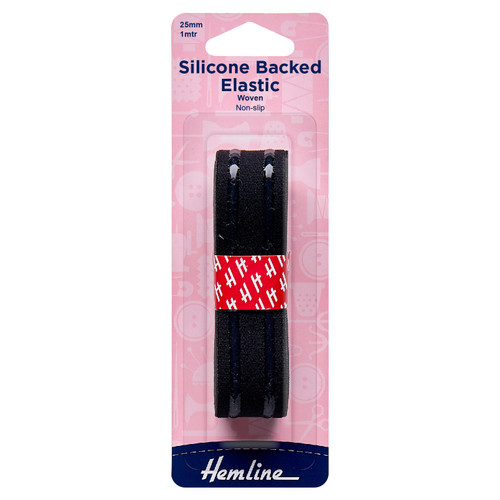 Silicone Backed Elastic: Black - 1m x 25mm