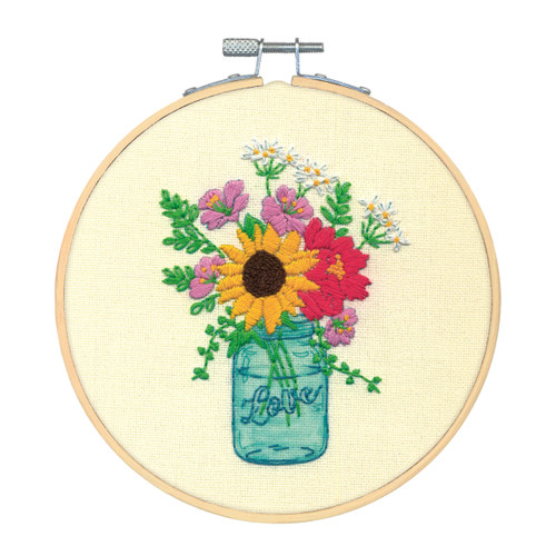 Floral Jar Crewel Embroidery Kit with Hoop by Dimensions