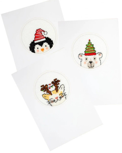 Set of 3 Christmas Cards Polar, cat, penguin Cross Stitch Kits By Pako