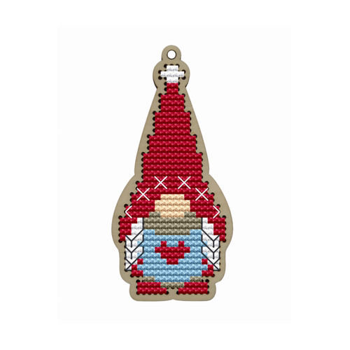 Gnome With Red Heart Count Cross Stitch Kit On Wood by Kind Fox
