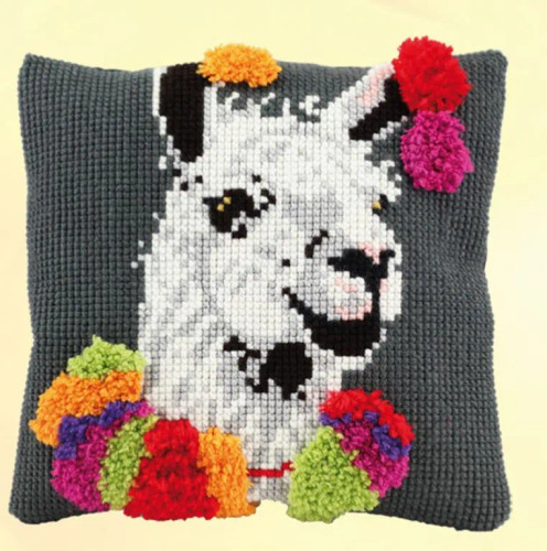 Llama with Pom Pom Cross Stitch and Latch Hook Cushion Front Kit By Pako