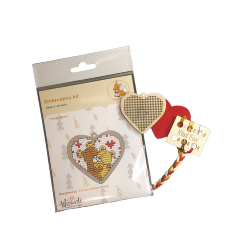 Heart Bears Cross Stitch Kit on Wooden Base by Kind Fox