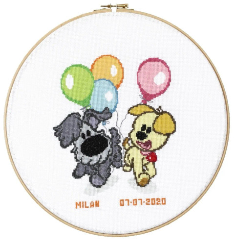 Dogs and Balloons Birth Sampler Cross Stitch Kit by Pako