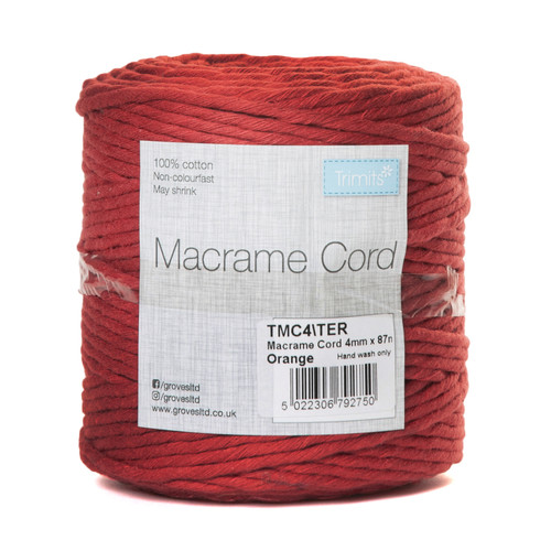 Terracotta Macramé Cord: Cotton: 87m x 4mm: 0.5kg By Trimits