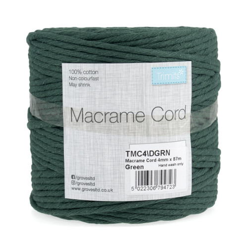 Dark Green Macramé Cord: Cotton: 87m x 4mm: 0.5kg By Trimits