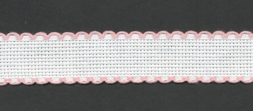 1 Metre of Aida Band Fabric 2.5cm Wide 14 Count White with Pink Edge