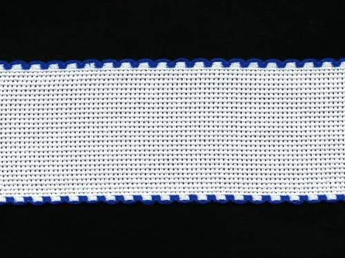 1 Metre of Aida Band Fabric 5cm Wide 14 Count White with Royal Blue Edge