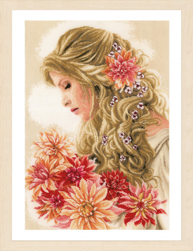 Lady Dahlia Cross stitch Kit on Linen By Lanarte