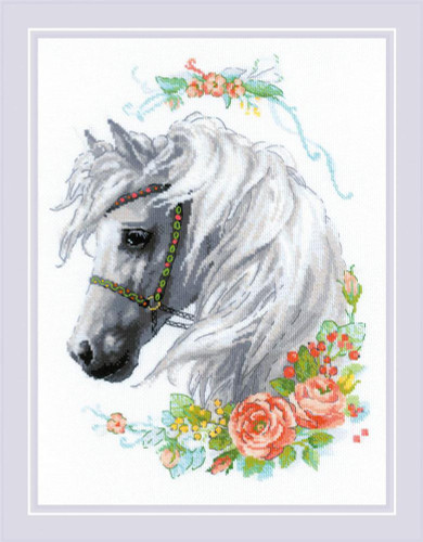 White Mane and Roses Counted Cross Stitch Kit By Riolis
