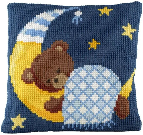 Blue Bear in Moon Chunky Cross Stitch Cushion Kit by Pako