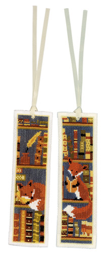  Foxes in Bookshelf: Set of 2 Cross stitch Kit by Vervaco