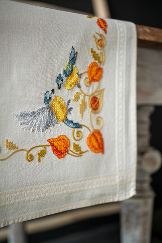 Embroidery Kit: Table Runner: Chickadees with Cape Gooseberry by Vervaco