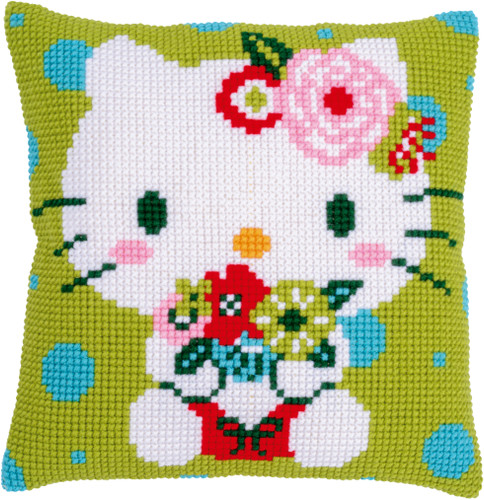 Green Floral Hello Kitty Cross Stitch Cushion Kit by Vervaco