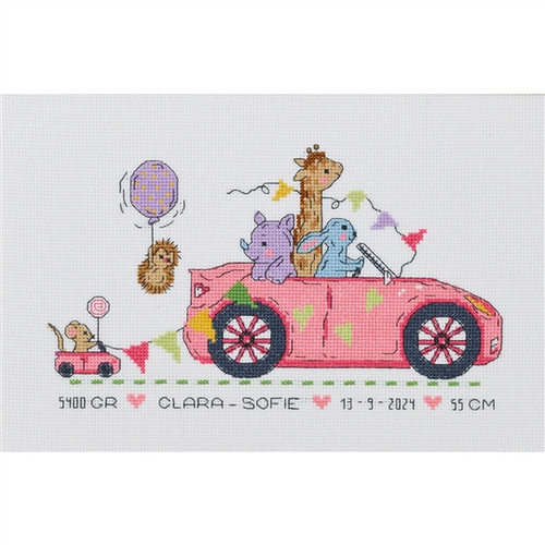 Pink Car Birth Sampler Counted Cross Stitch Kit by Permin