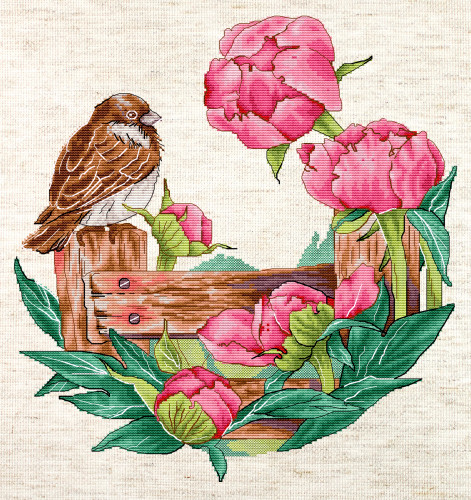 The Fence With Peonies Cross Stitch Kit by Hobby Jobby 