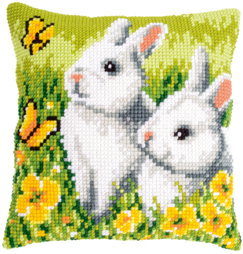 Rabbits and Butterflies Cross Stitch Cushion Kit by Vervaco