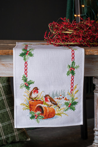 Robins In Winter Printed Cross Stitch Table Cloth Kit by Vervaco
