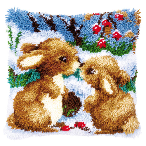 Snow Rabbits Cushion Latch Hook Kit by Vervaco