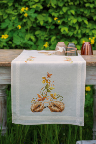 Hedgehogs & Autumn Leaves Table Runner Embroidery Kit by Vervaco