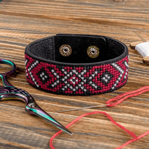 Black red and White Bracelet Needlecraft Kit - Cross Stitch Kits on Leather
