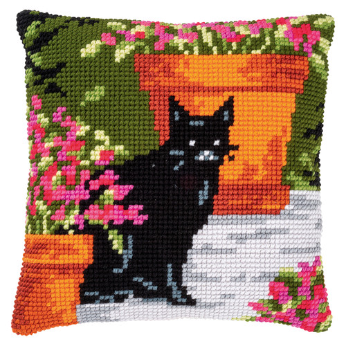 Cat Between Flowers Cross Stitch Cushion Kit