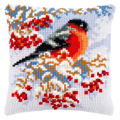 Goldfinch in Winter Printed Cross Stitch Cushion Kit by Vervaco