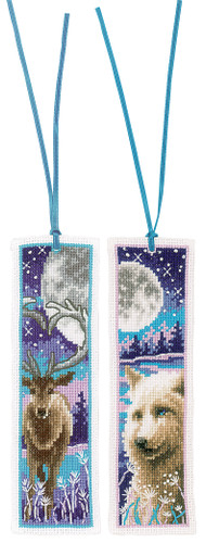 Bookmark: Wolf and Deer with Moon: Set of 2 Counted Cross Stitch Kit by Vervaco