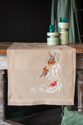 Robins In Winter Table Runner Embroidery kit by Vervaco