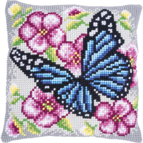 Butterfly Among Flowers Cross Stitch Cushion Kit by Vervaco