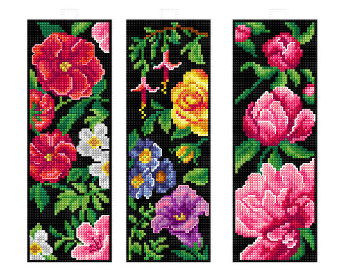 Flowers: Set of 3 Bookmarks Counted Cross Stitch Kit by Orchidea