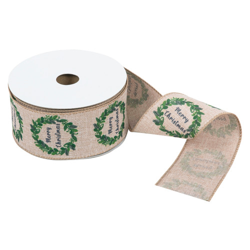 Premium Wire Edge Ribbon: Printed: 25m x 63mm: Christmas Wreath