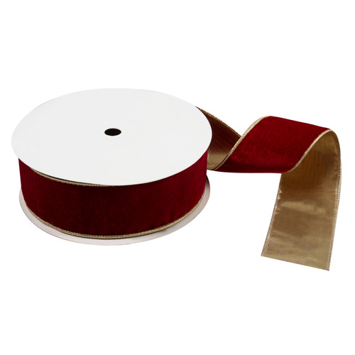 Premium Wire Edge Ribbon: Velvet: 25m x 63mm: Red & Gold by Groves