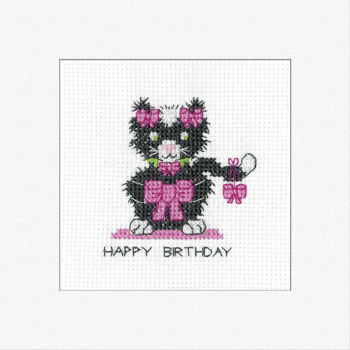 Black Cat Birthday Bow Cross stitch Card Kit By Kirsten Roche's 