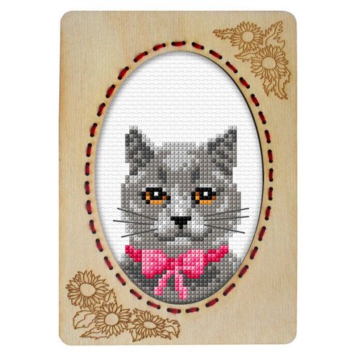 British Blue Cat Counted Cross Stitch Kit by Plywood Frame by Orchidea